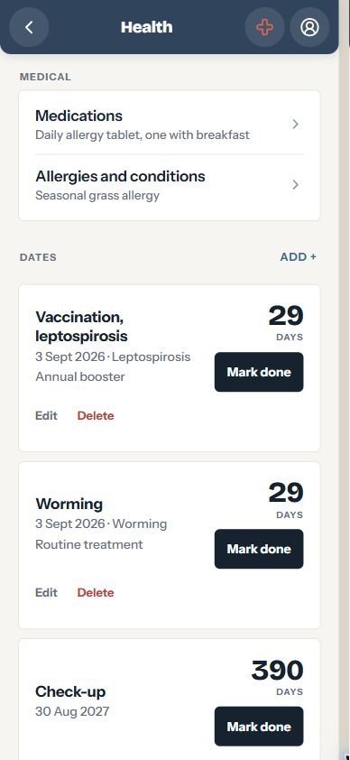 Dogfolio health screen with medications, allergies and conditions, vaccination, worming and check-up dates